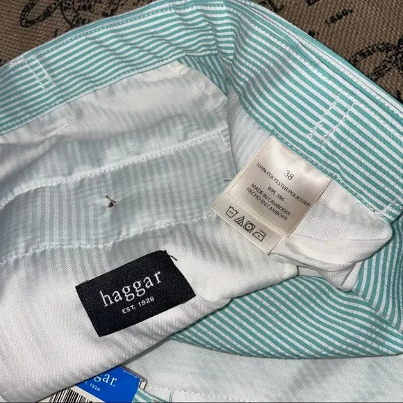 Haggar NWT! Seersucker Cool18 Turquoise/White Striped Short Size 38W - Picture 11 of 12
